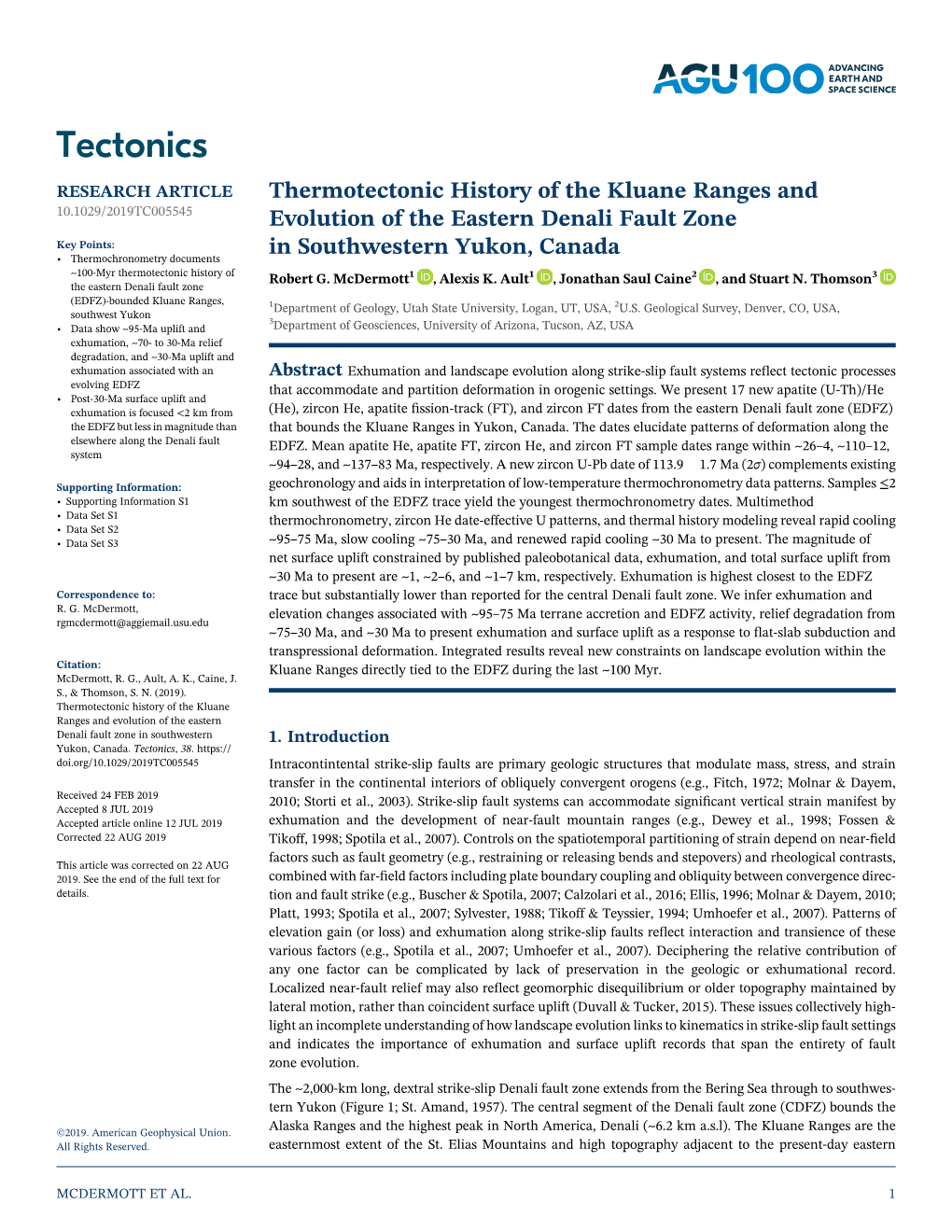 Thermotectonic History of the Kluane Ranges and Evolution of the Eastern Denali Fault Zone in Southwestern 1