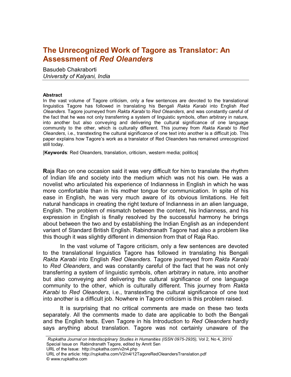 An Assessment of Red Oleanders Basudeb Chakraborti University of Kalyani, India