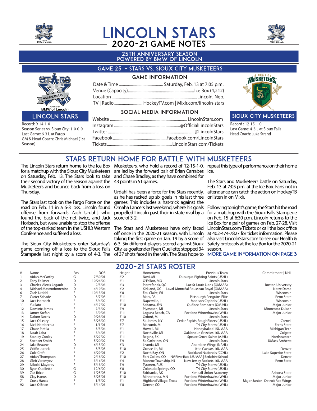 LINCOLN STARS 2020-21 GAME NOTES 25TH ANNIVERSARY SEASON Powered by BMW of LINCOLN GAME 25 - STARS Vs