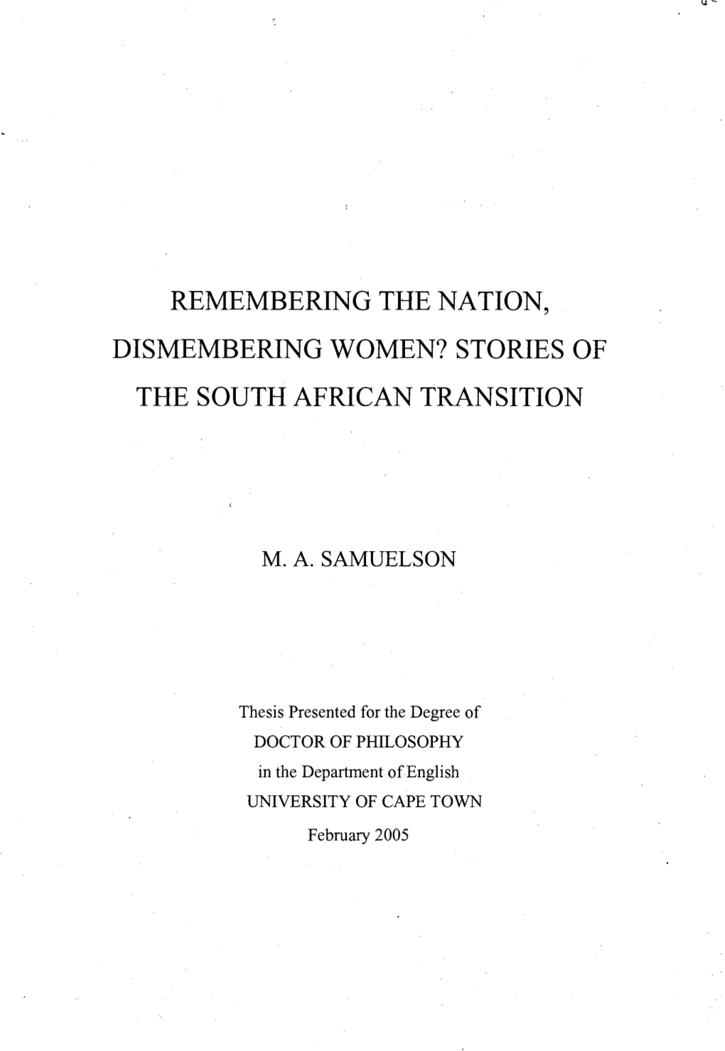 STORIES of the SOUTH AFRICAN TRANSITION Town