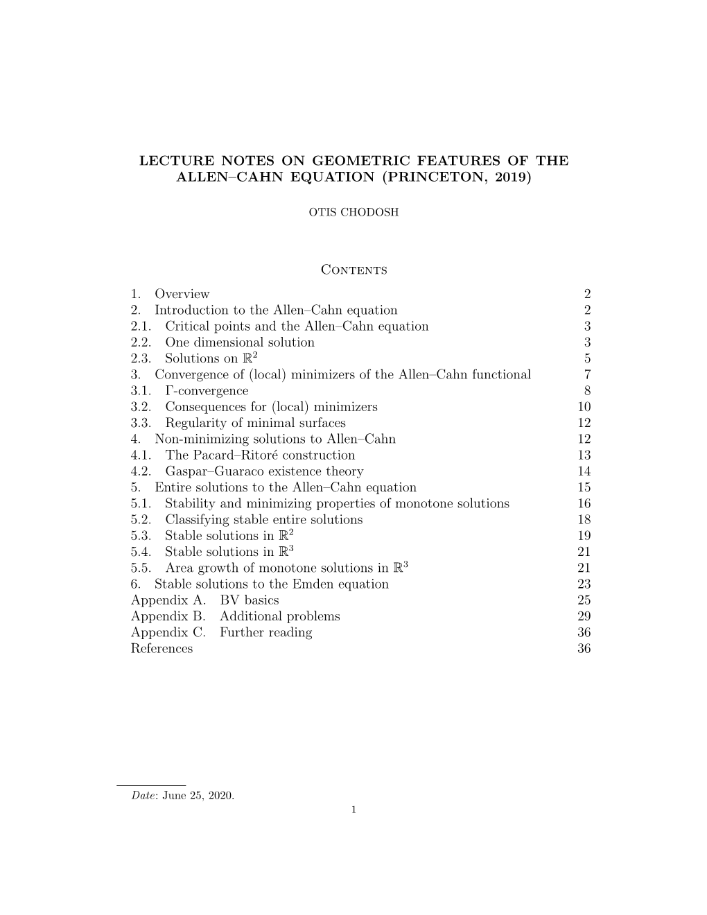 Lecture Notes on Geometric Features of the Allen–Cahn Equation (Princeton, 2019)