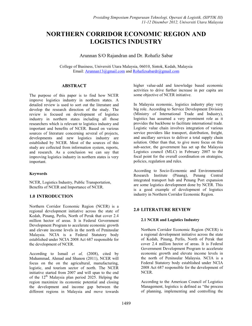 Northern Corridor Economic Region and Logistics Industry