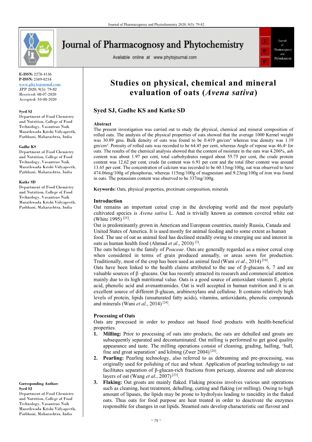 Studies on Physical, Chemical and Mineral Evaluation of Oats (Avena