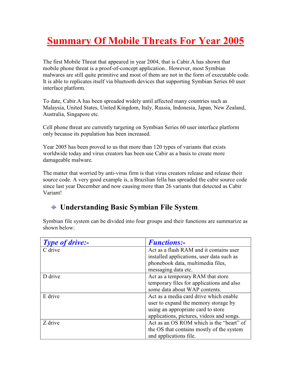 Summary of Mobile Threats for Year 2005