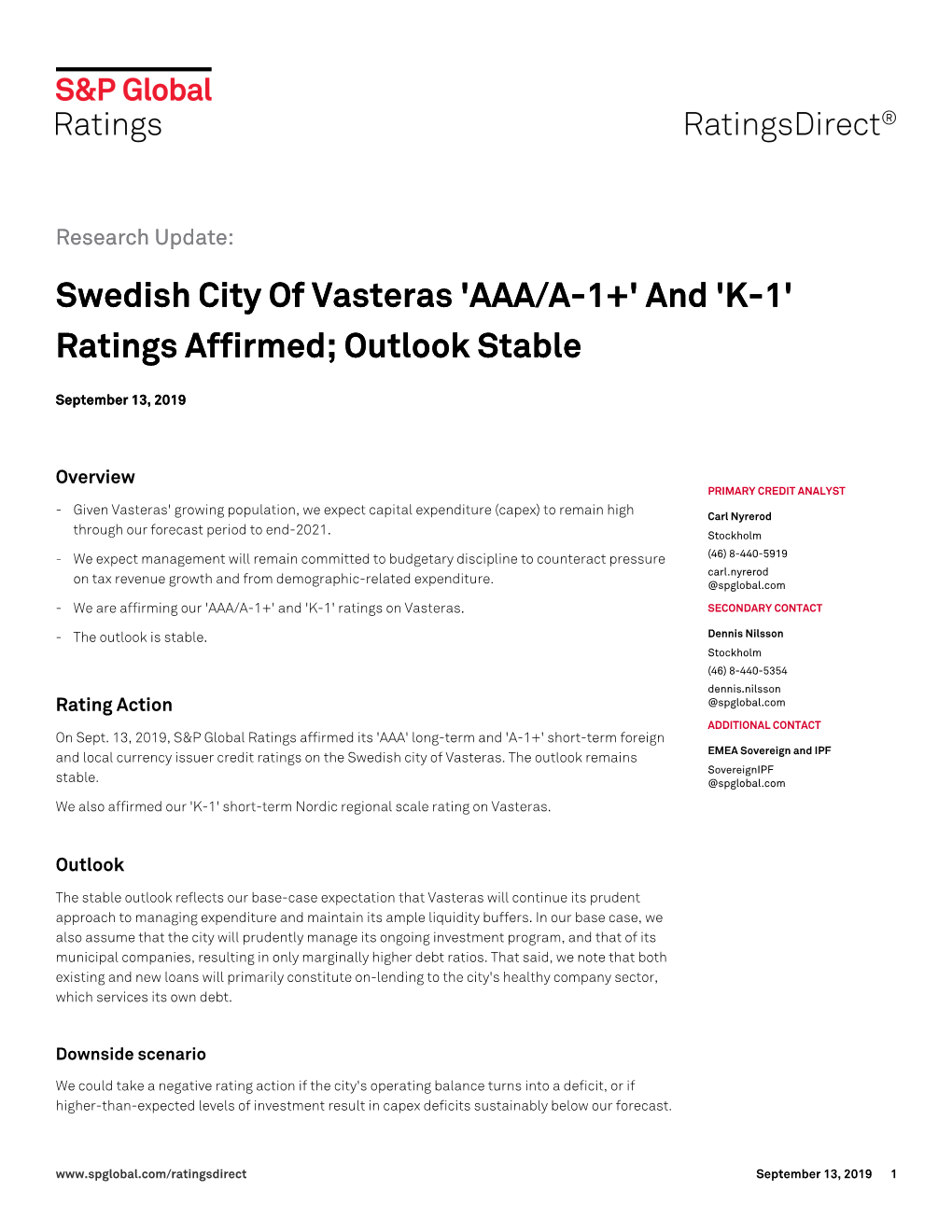 Ratings Affirmed; Outlook Stable Swedish City of Vasteras 'AAA/A-1+'
