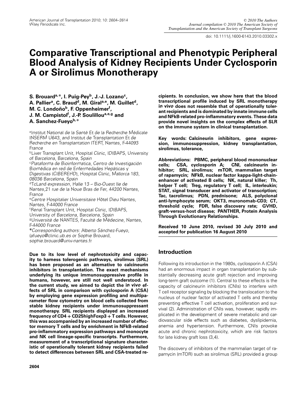 Comparative Transcriptional and Phenotypic Peripheral Blood Analysis of Kidney Recipients Under Cyclosporin a Or Sirolimus Monotherapy