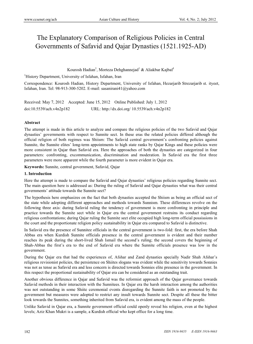 The Explanatory Comparison of Religious Policies in Central Governments of Safavid and Qajar Dynasties (1521.1925-AD)