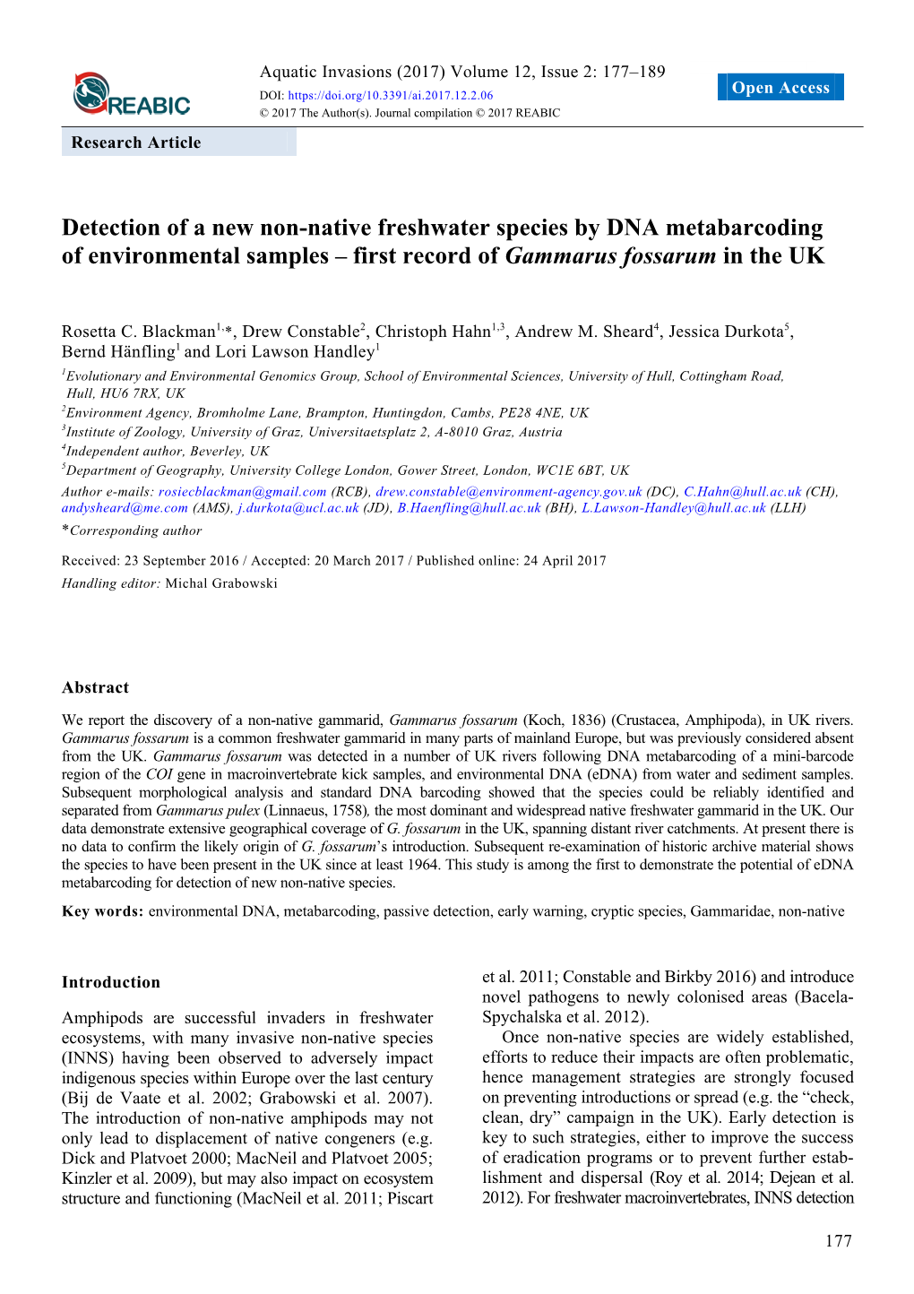 Detection of a New Non-Native Freshwater Species by DNA Metabarcoding of Environmental Samples – First Record of Gammarus Fossarum in the UK