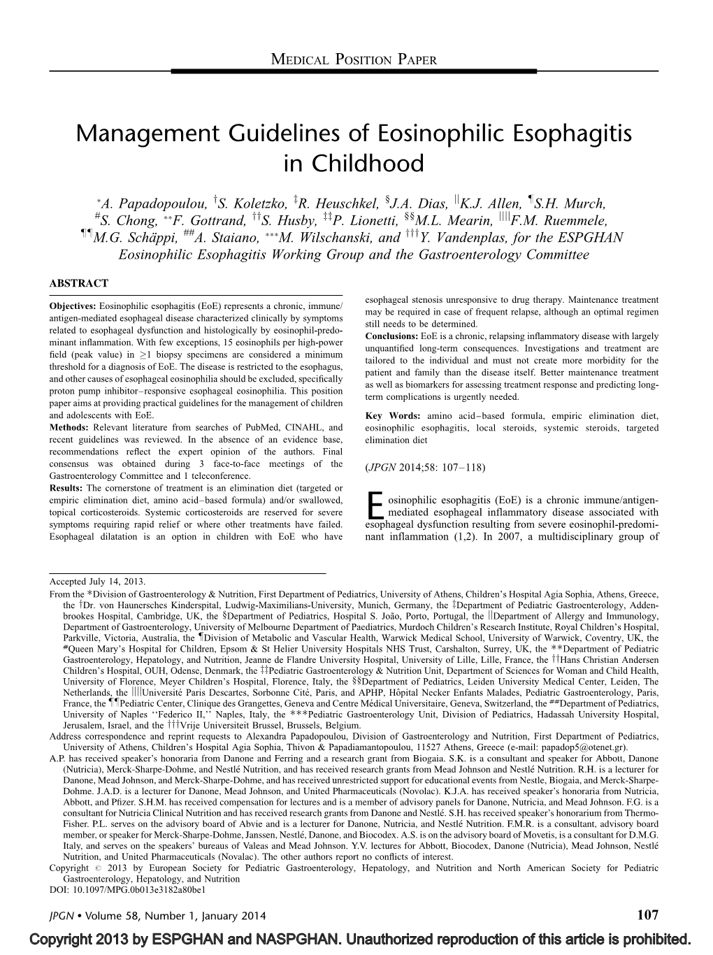 Management Guidelines of Eosinophilic Esophagitis in Childhood