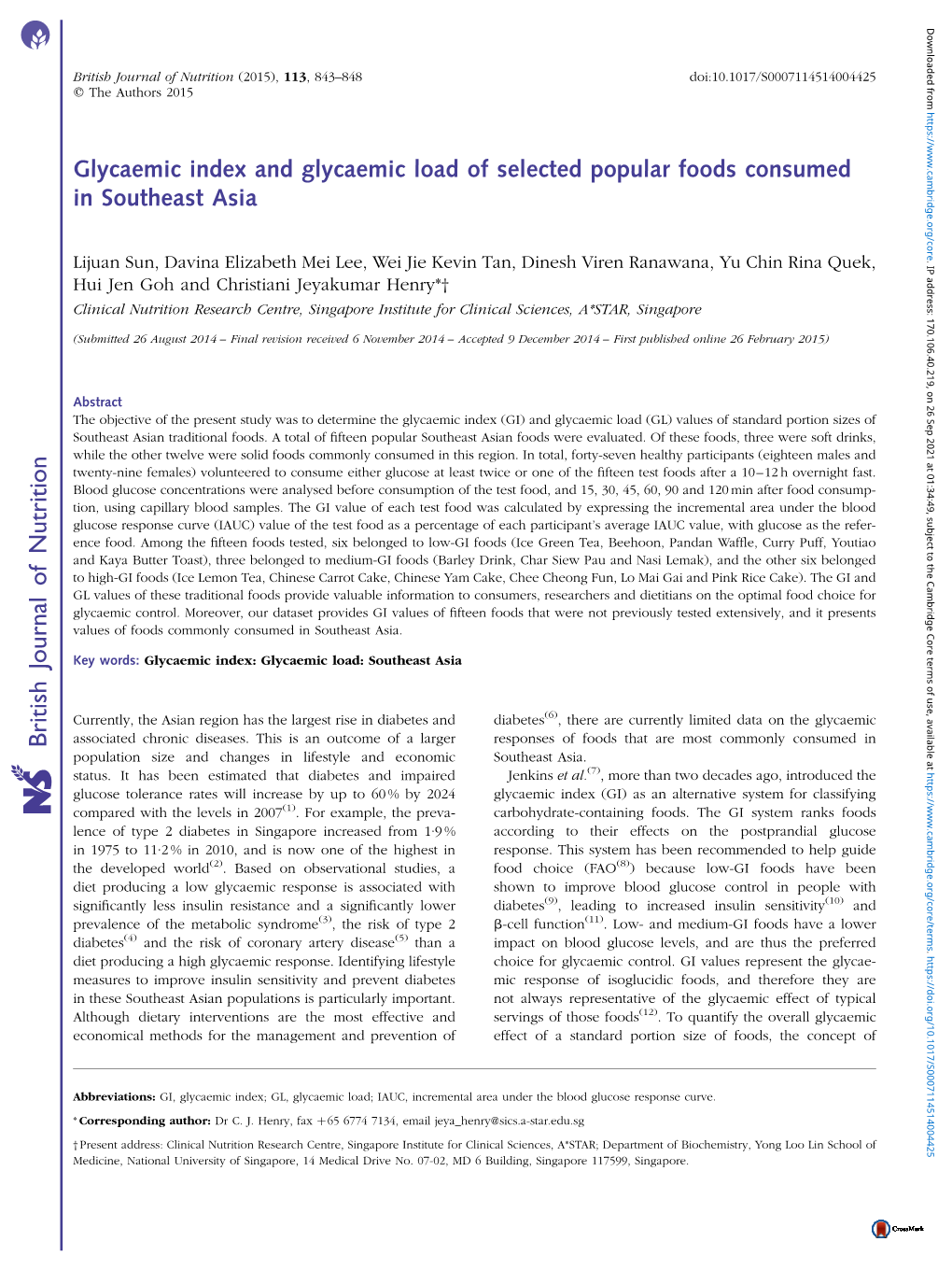 British Journal of Nutrition (2015), 113, 843–848 Doi:10.1017/S0007114514004425 Q the Authors 2015