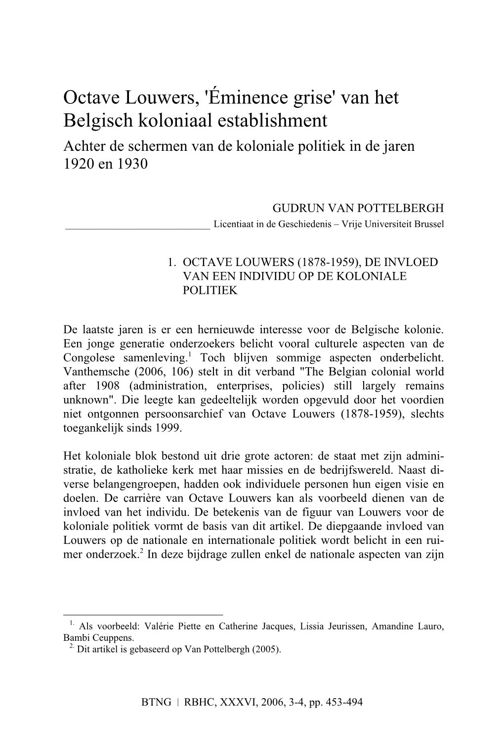 Octave Louwers, 'Éminence Grise' Van Het Belgisch Koloniaal Establishment Achter De Schermen Van De Koloniale Politiek in De Jaren 1920 En 1930