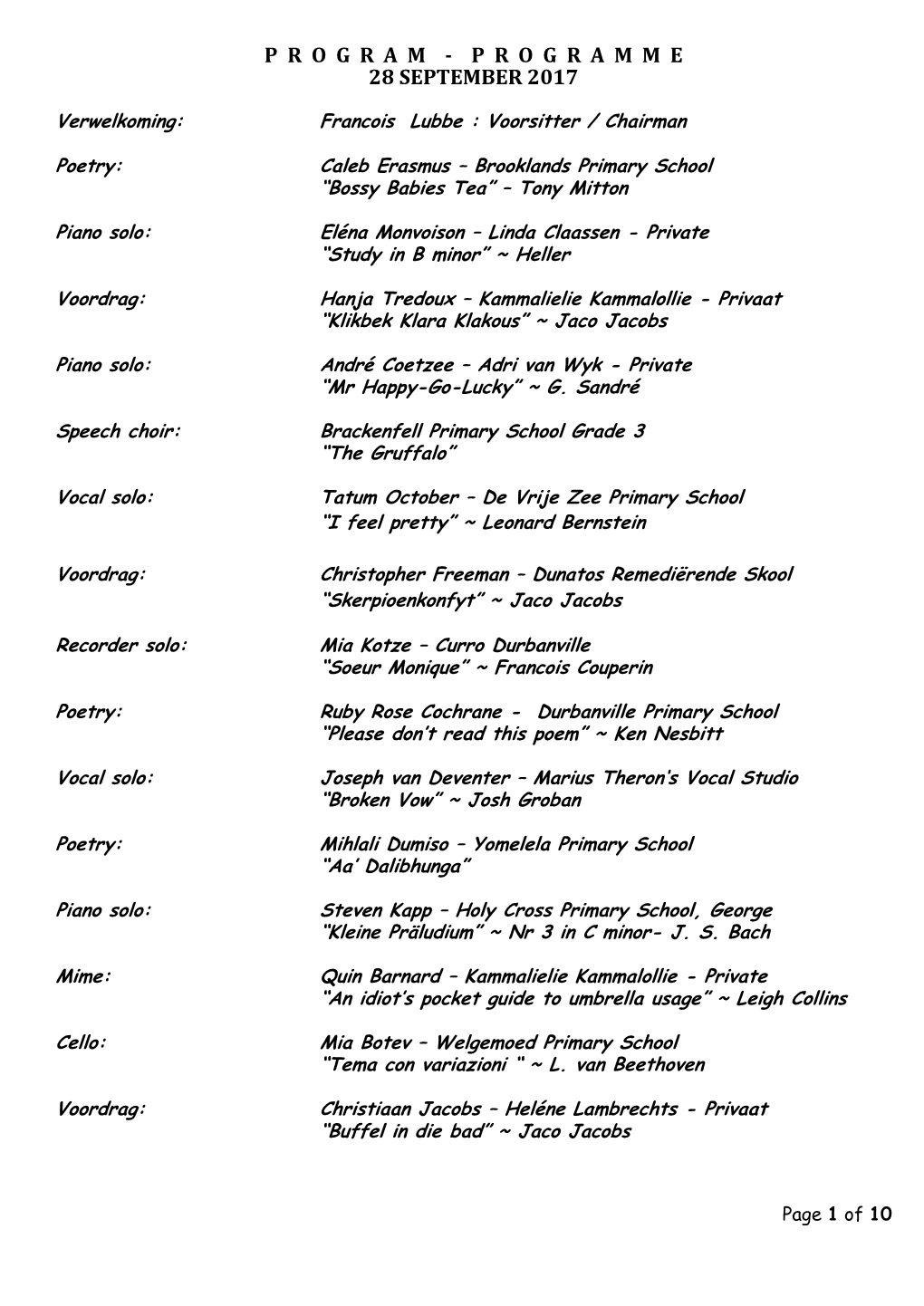 Programme 28 September 2017