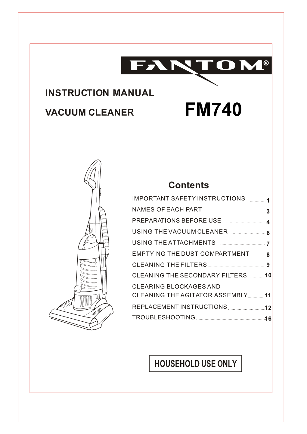 Instruction Manual Vacuum Cleaner Household Use