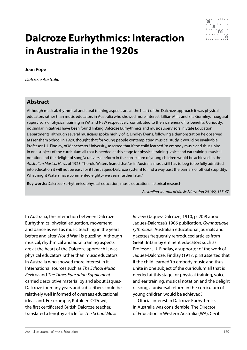 Dalcroze Eurhythmics: Interaction in Australia in the 1920S