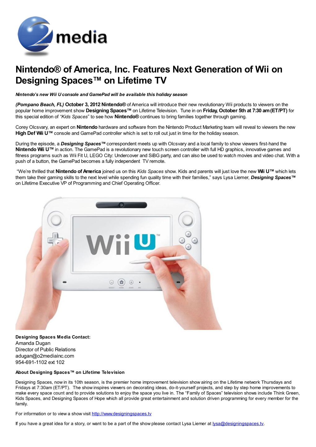 Nintendo® of America, Inc. Features Next Generation of Wii on Designing Spaces™ on Lifetime TV