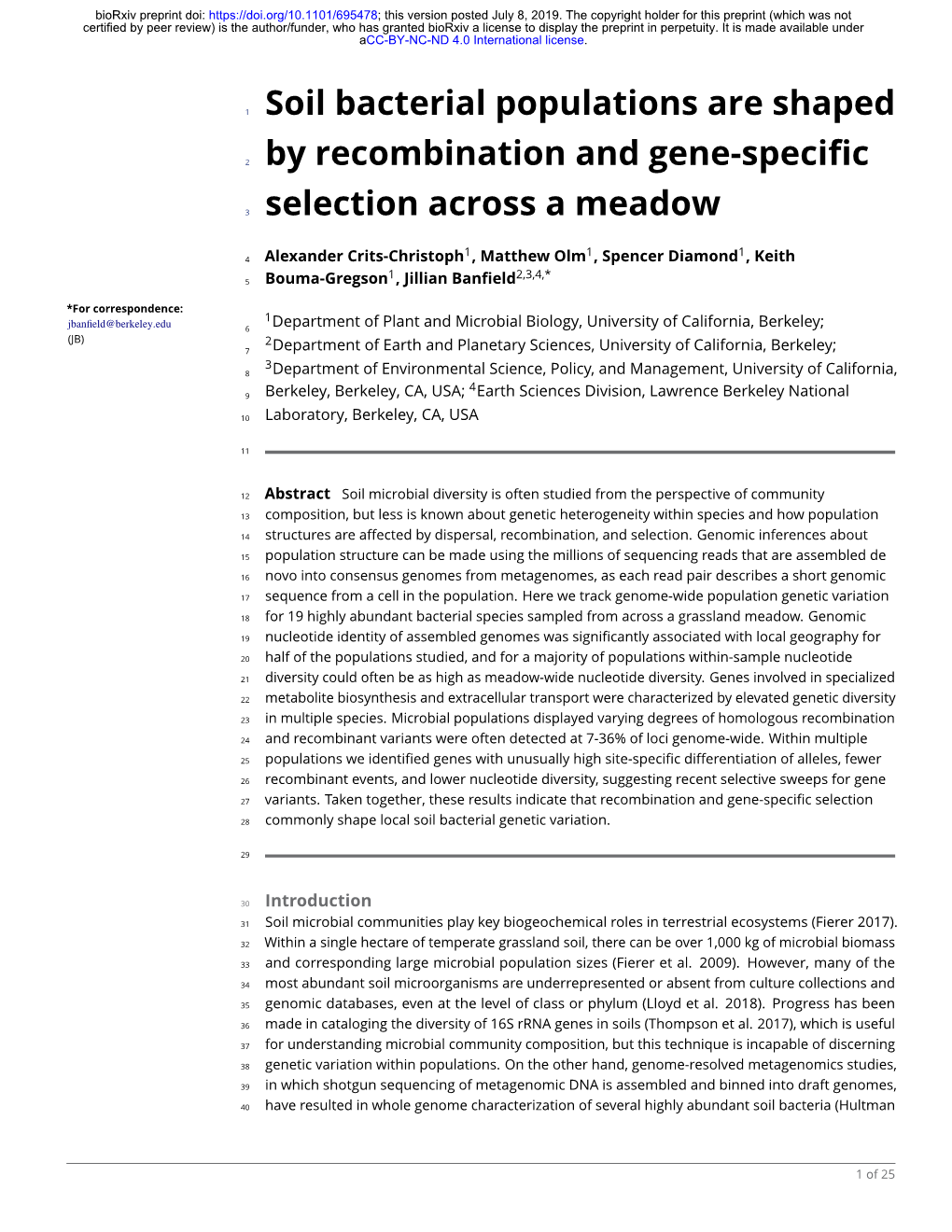 Soil Bacterial Populations Are Shaped by Recombination and Gene-Specic