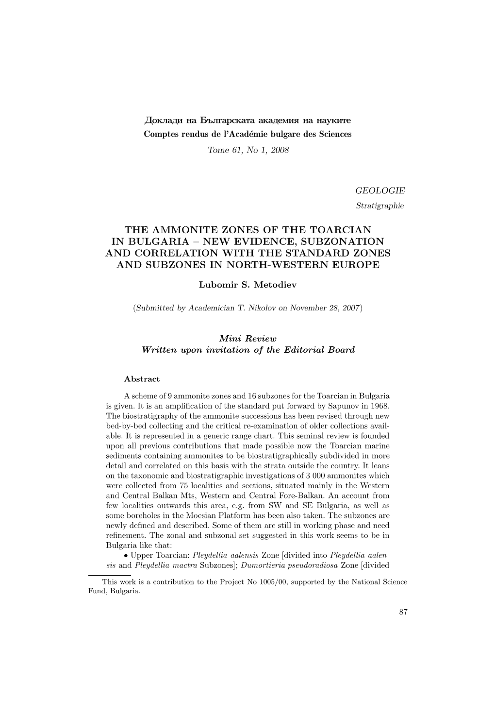 The Ammonite Zones of the Toarcian in Bulgaria – New Evidence, Subzonation and Correlation with the Standard Zones and Subzones in North-Western Europe