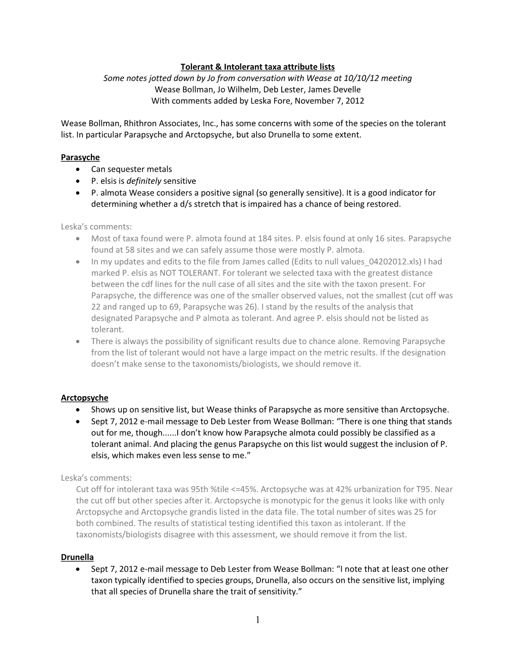 Comments on Tolerant and Intolerant Taxa Attribute Lists