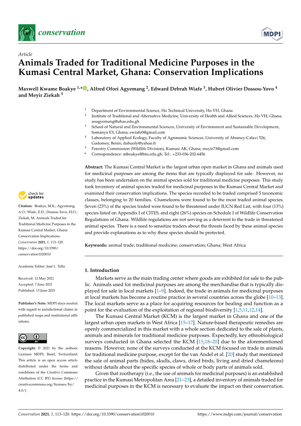 Animals Traded for Traditional Medicine Purposes in the Kumasi Central Market, Ghana: Conservation Implications