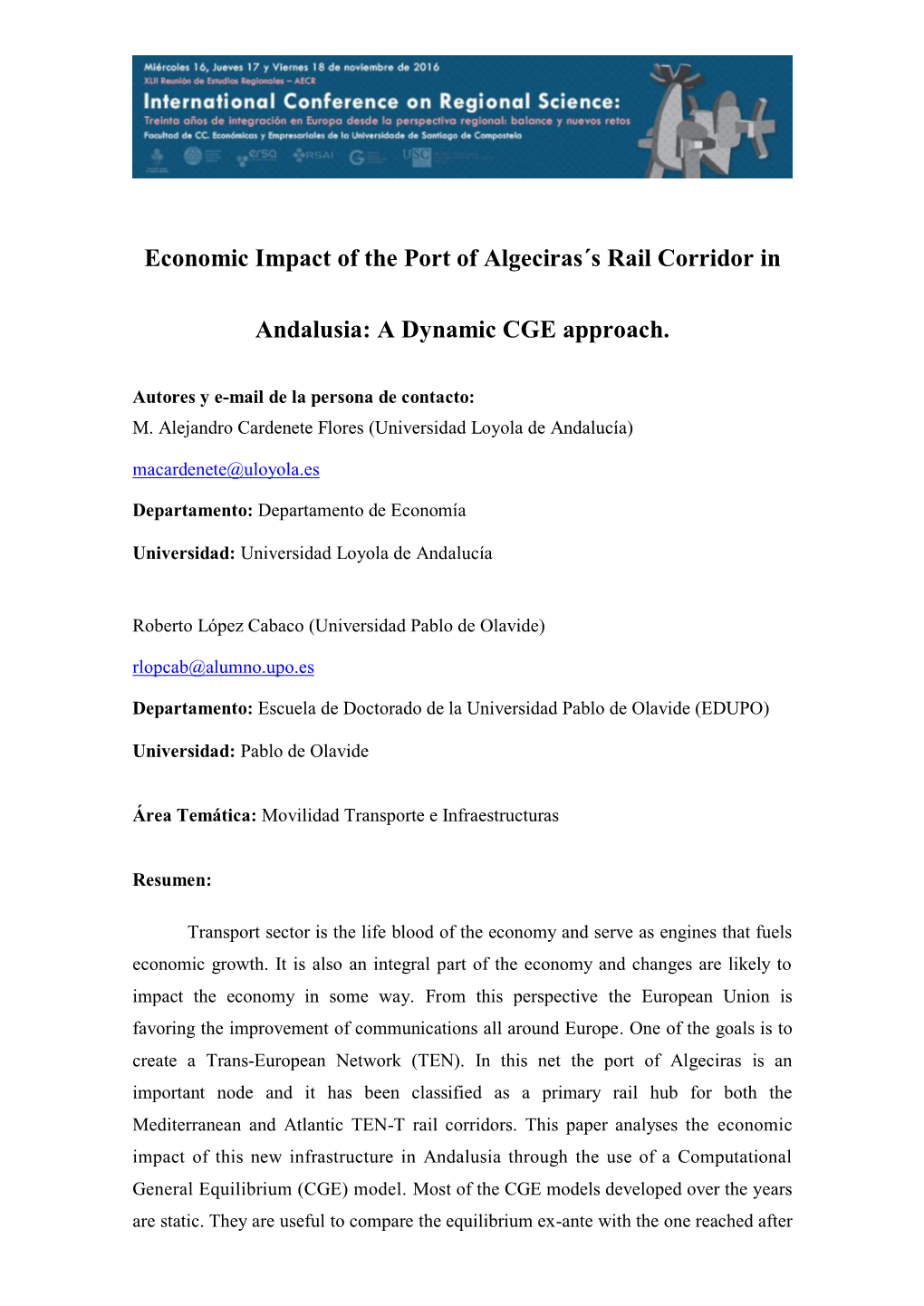 Economic Impact of the Port of Algeciras´S Rail Corridor in Andalusia