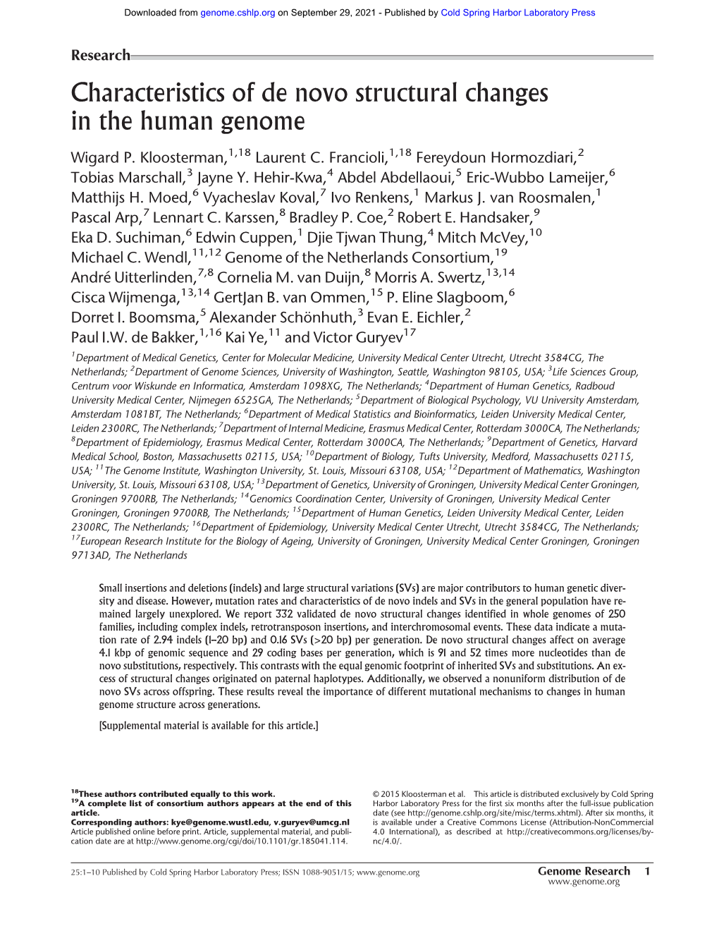 Characteristics of De Novo Structural Changes in the Human Genome