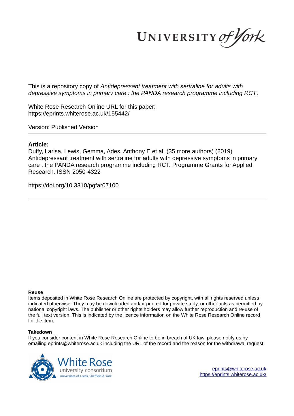 Antidepressant Treatment with Sertraline for Adults with Depressive Symptoms in Primary Care : the PANDA Research Programme Including RCT