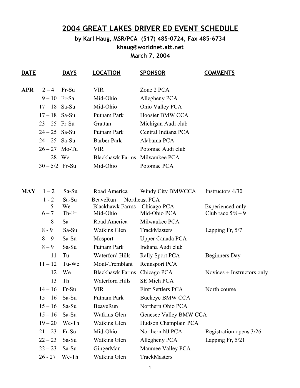 2004 Great Lakes Driver Ed Event Schedule