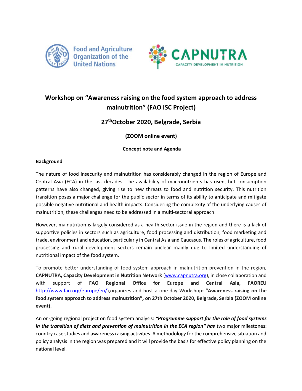 Workshop on “Awareness Raising on the Food System Approach to Address Malnutrition” (FAO ISC Project) 27Thoctober 2020, Belg
