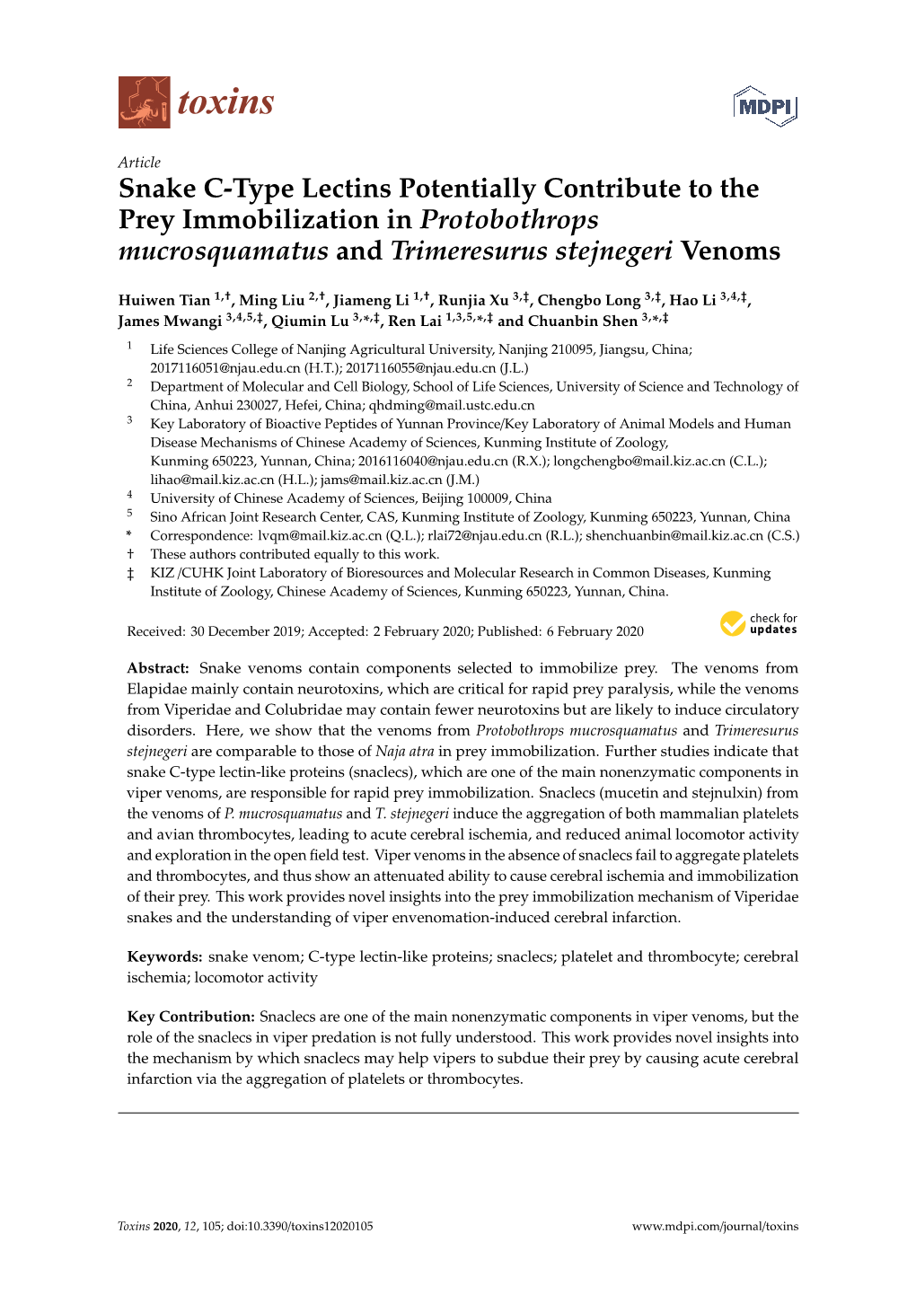 Snake C-Type Lectins Potentially Contribute to the Prey Immobilization in Protobothrops Mucrosquamatus and Trimeresurus Stejnegeri Venoms