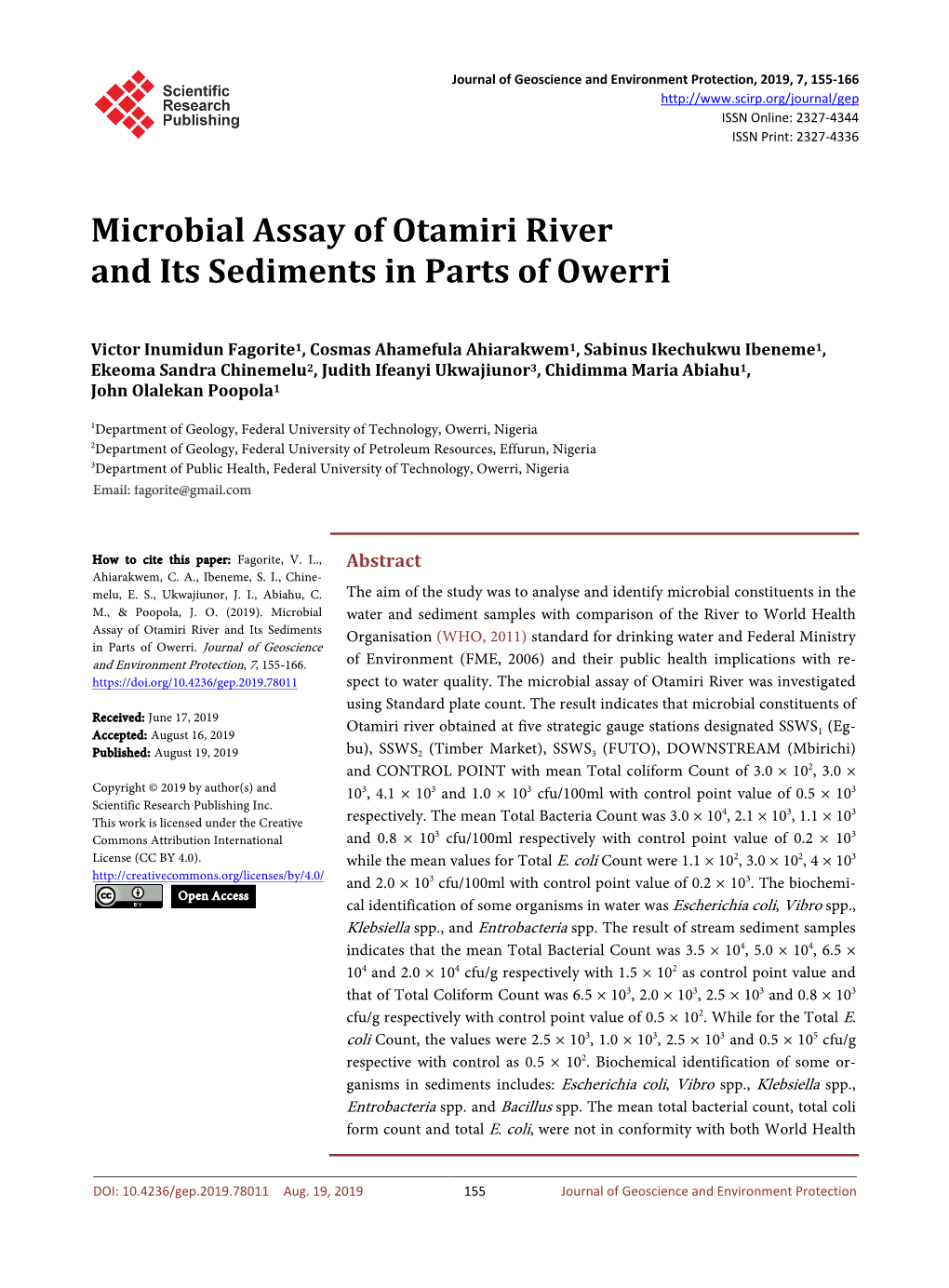 Microbial Assay of Otamiri River and Its Sediments in Parts of Owerri