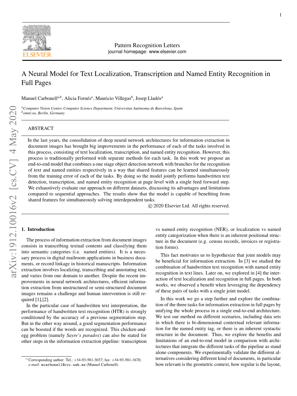 A Neural Model for Text Localization, Transcription and Named Entity Recognition in Full Pages