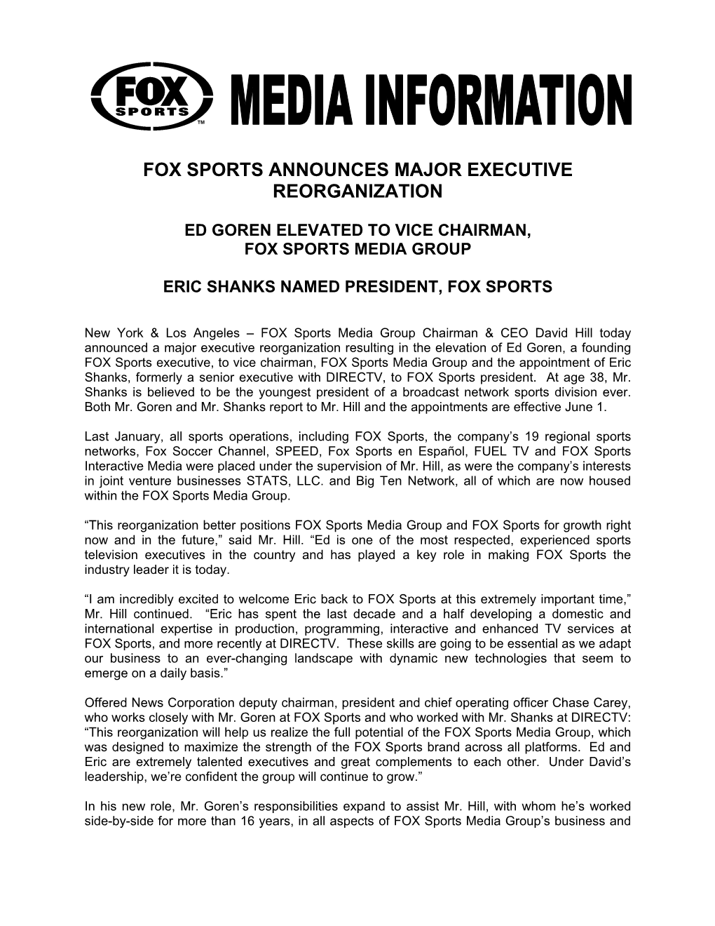 Fox Sports Announces Major Executive Reorganization