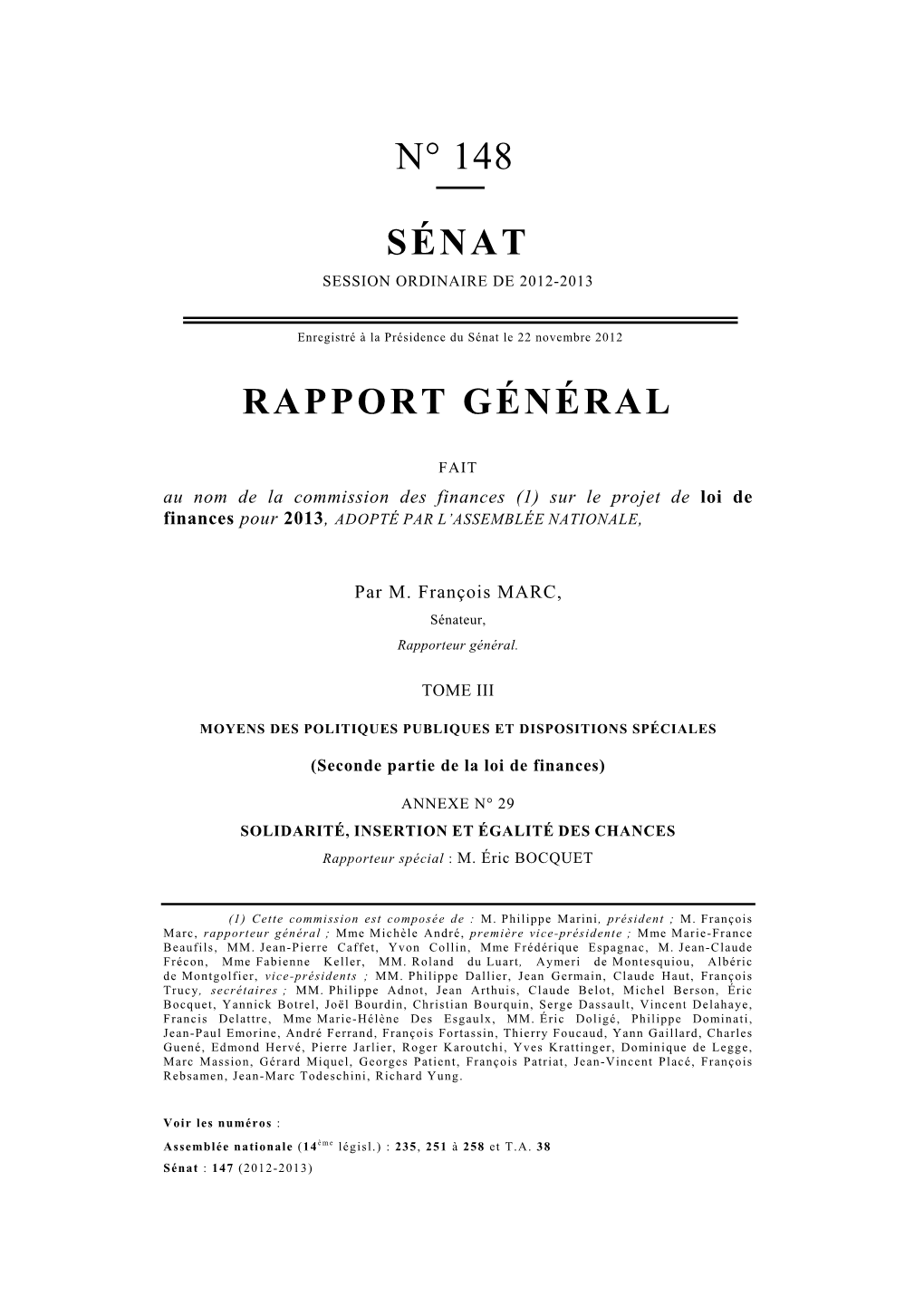 Rapport Général Du Sénat N°148 Fait Au Nom De La