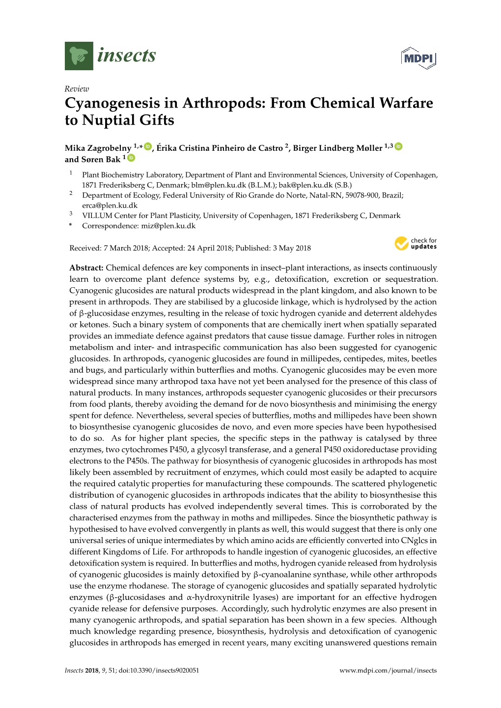 Cyanogenesis in Arthropods: from Chemical Warfare to Nuptial Gifts