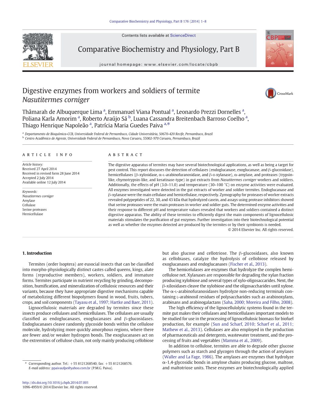 Digestive Enzymes from Workers and Soldiers of Termite Nasutitermes Corniger