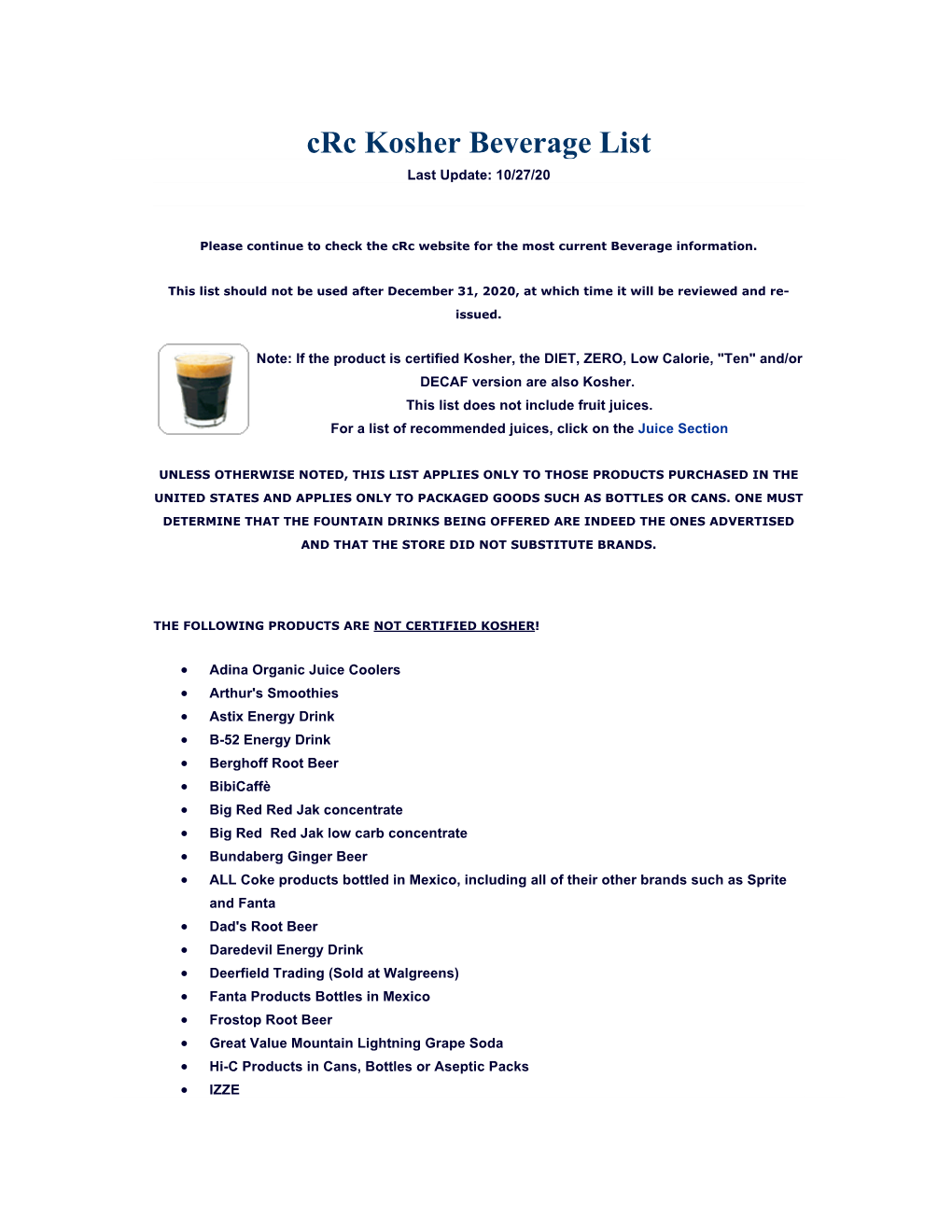 Crc Kosher Beverage List Last Update: 10/27/20