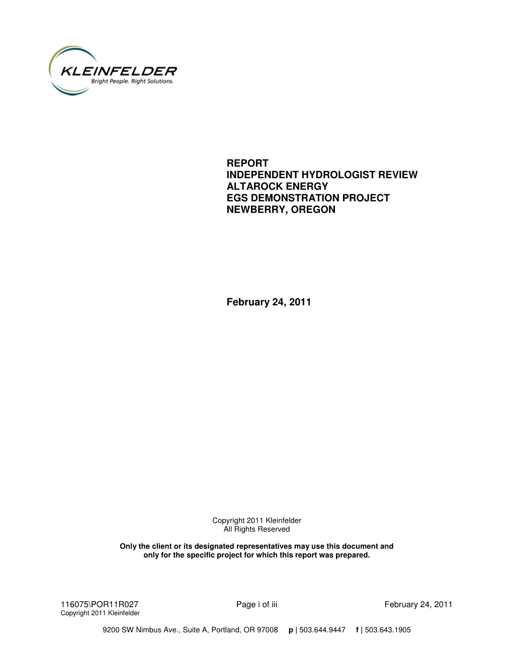 Report Independent Hydrologist Review Altarock Energy Egs Demonstration Project Newberry, Oregon