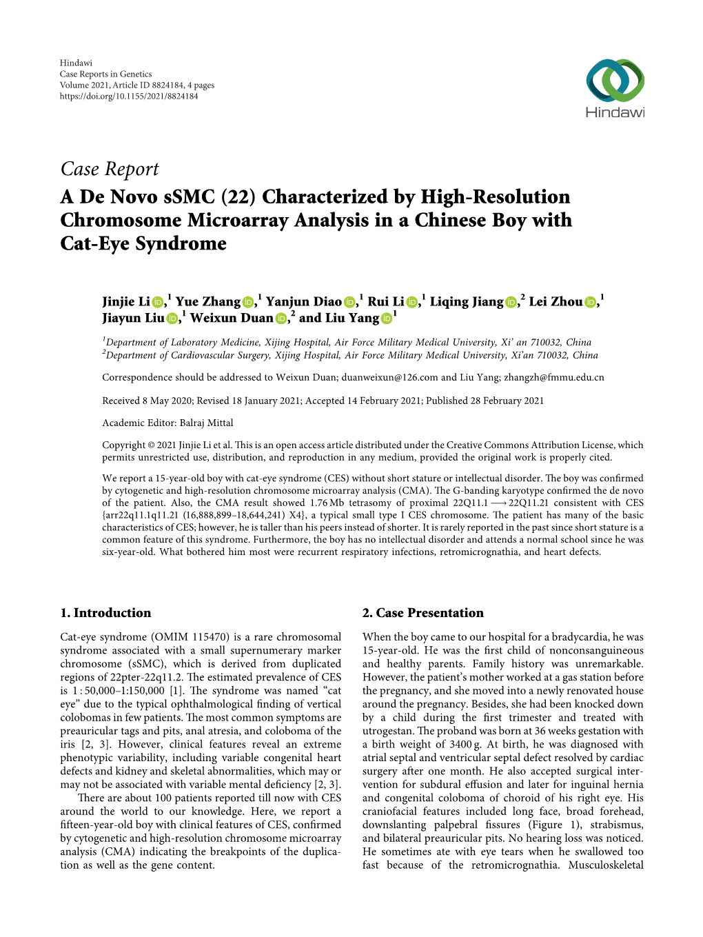 A De Novo Ssmc (22) Characterized by High-Resolution Chromosome Microarray Analysis in a Chinese Boy with Cat-Eye Syndrome