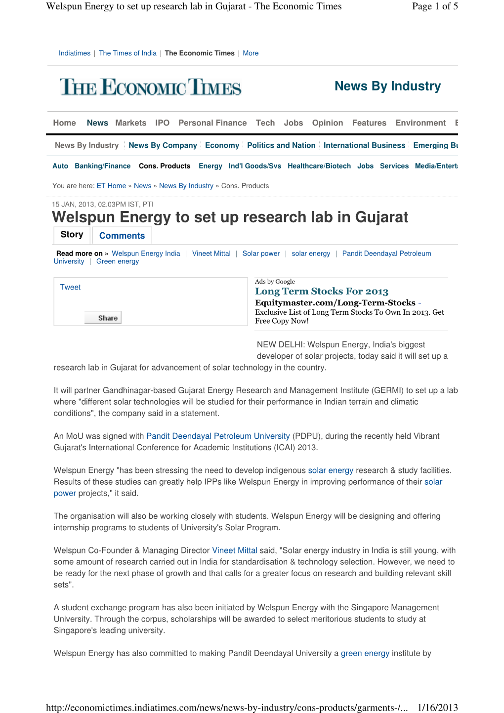 Welspun Energy to Set up Research Lab in Gujarat - the Economic Times Page 1 of 5