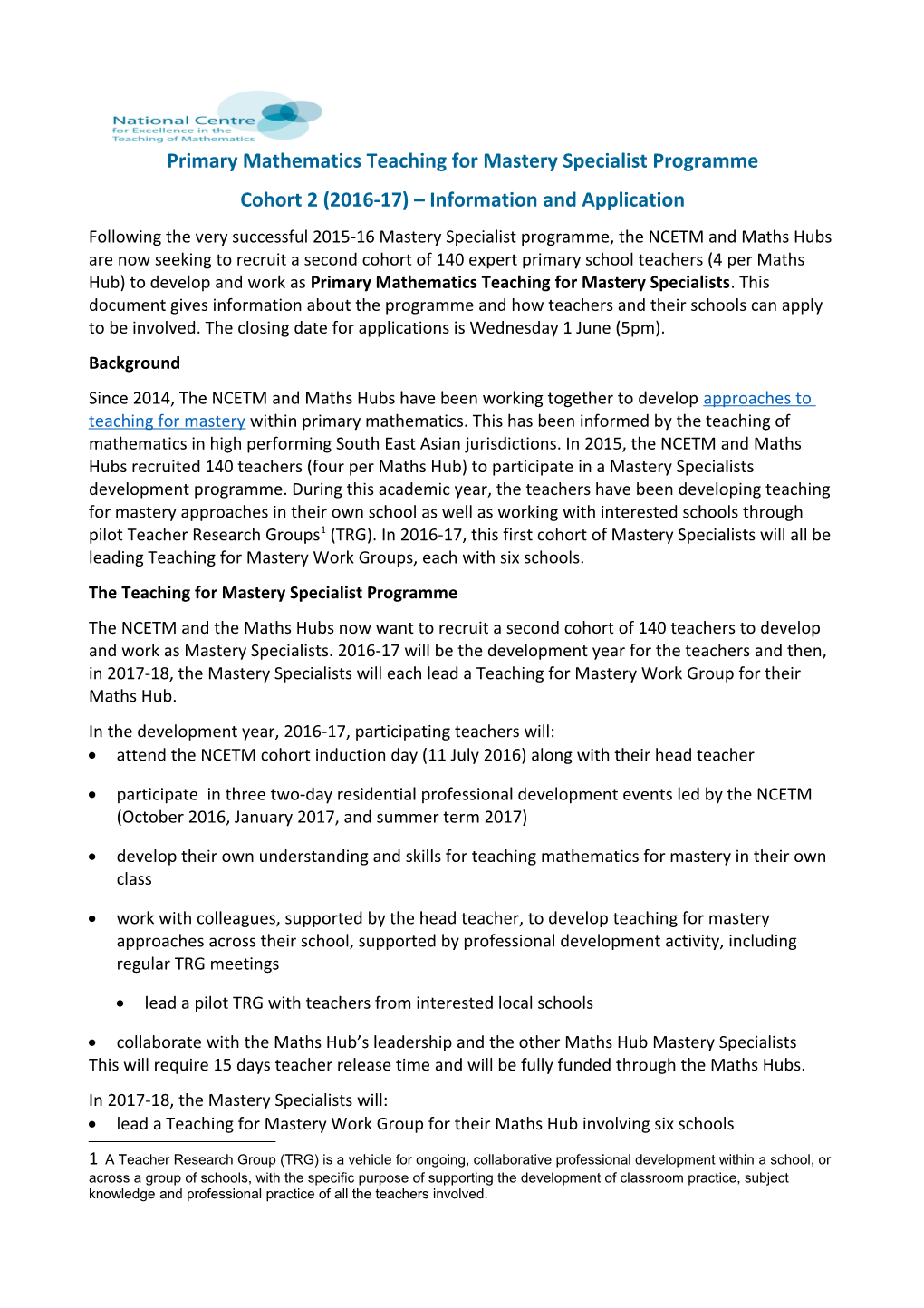 Primary Mathematics Teaching for Mastery Specialist Programme