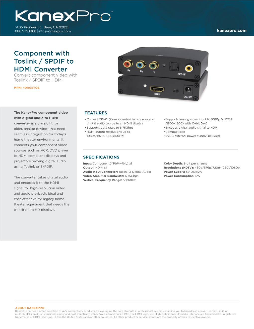 Component with Toslink / SPDIF to HDMI Converter Convert Component Video with Toslink / SPDIF to HDMI