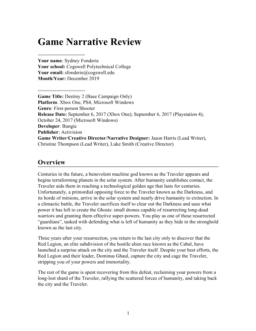 Game Narrative Review