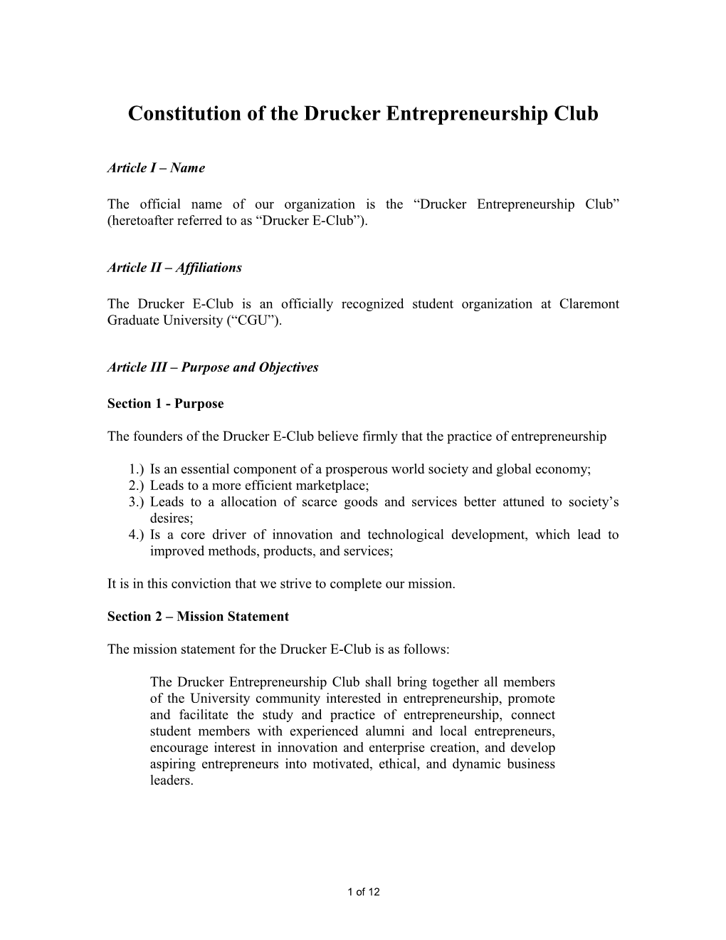 Constitution of the Drucker Entrepreneurship Club