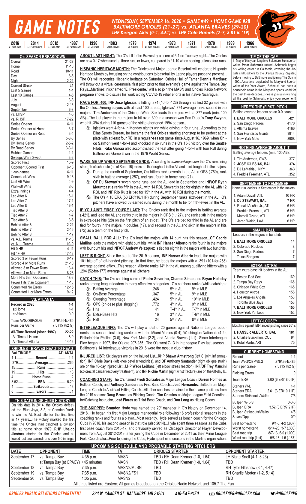 WEDNESDAY, SEPTEMBER 16, 2020 • GAME #49 • HOME GAME #28 BALTIMORE ORIOLES (21-27) Vs