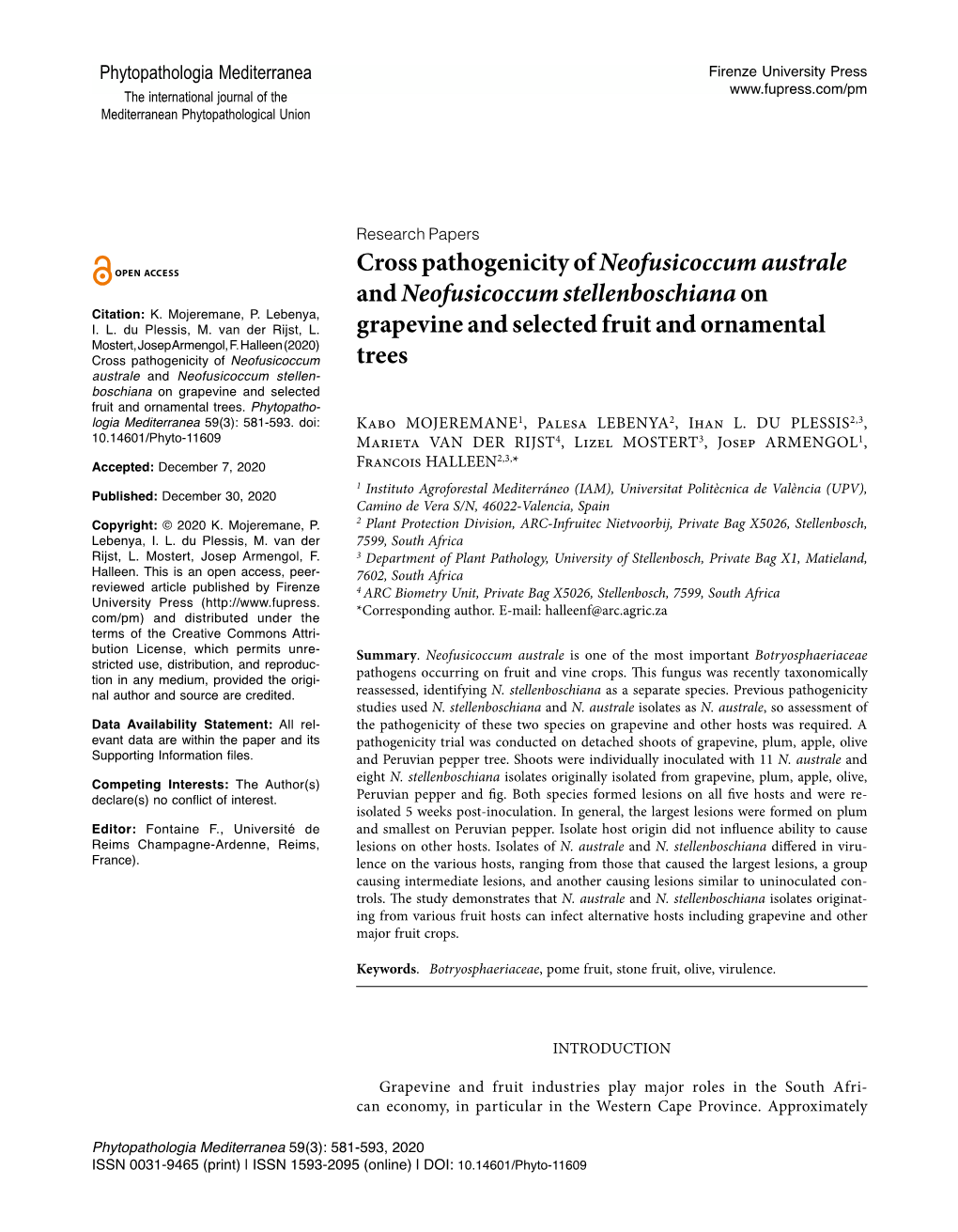 Cross Pathogenicity of Neofusicoccum Australe and Neofusicoccum Stellenboschiana on Citation: K