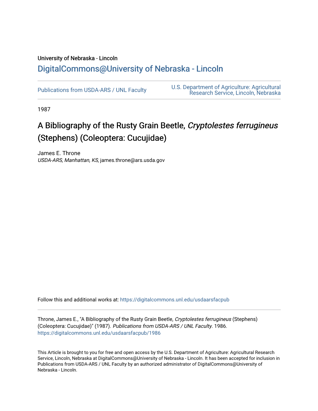 A Bibliography of the Rusty Grain Beetle, &lt;I&gt;Cryptolestes Ferrugineus