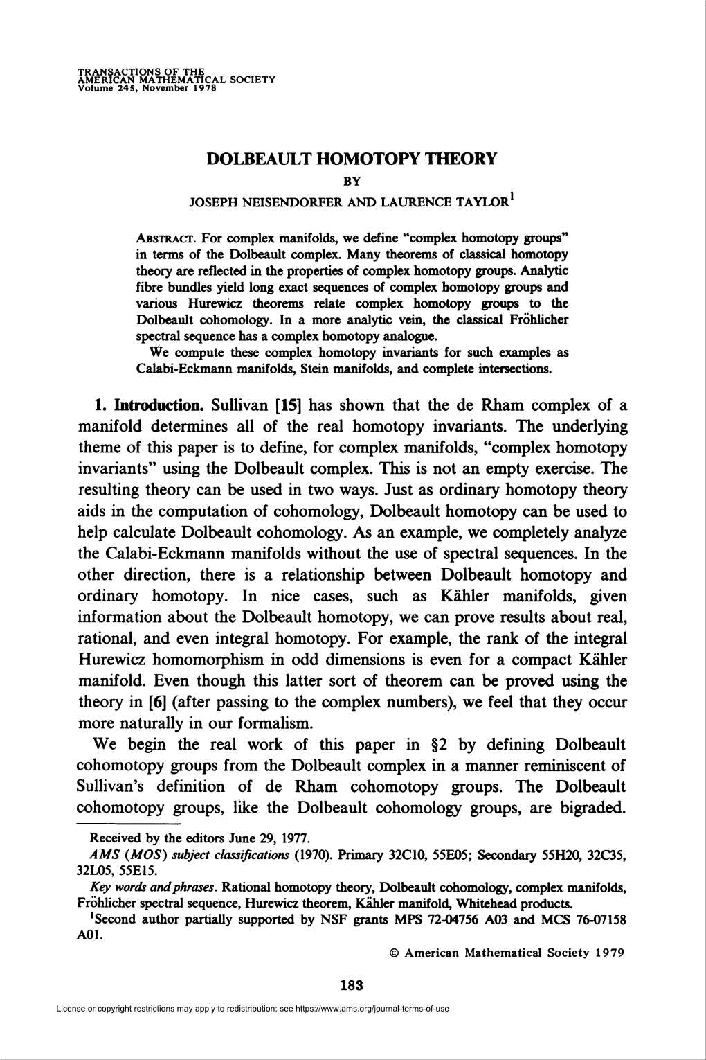 Dolbeault Homotopy Theory by Joseph Neisendorfer and Laurence Taylor1