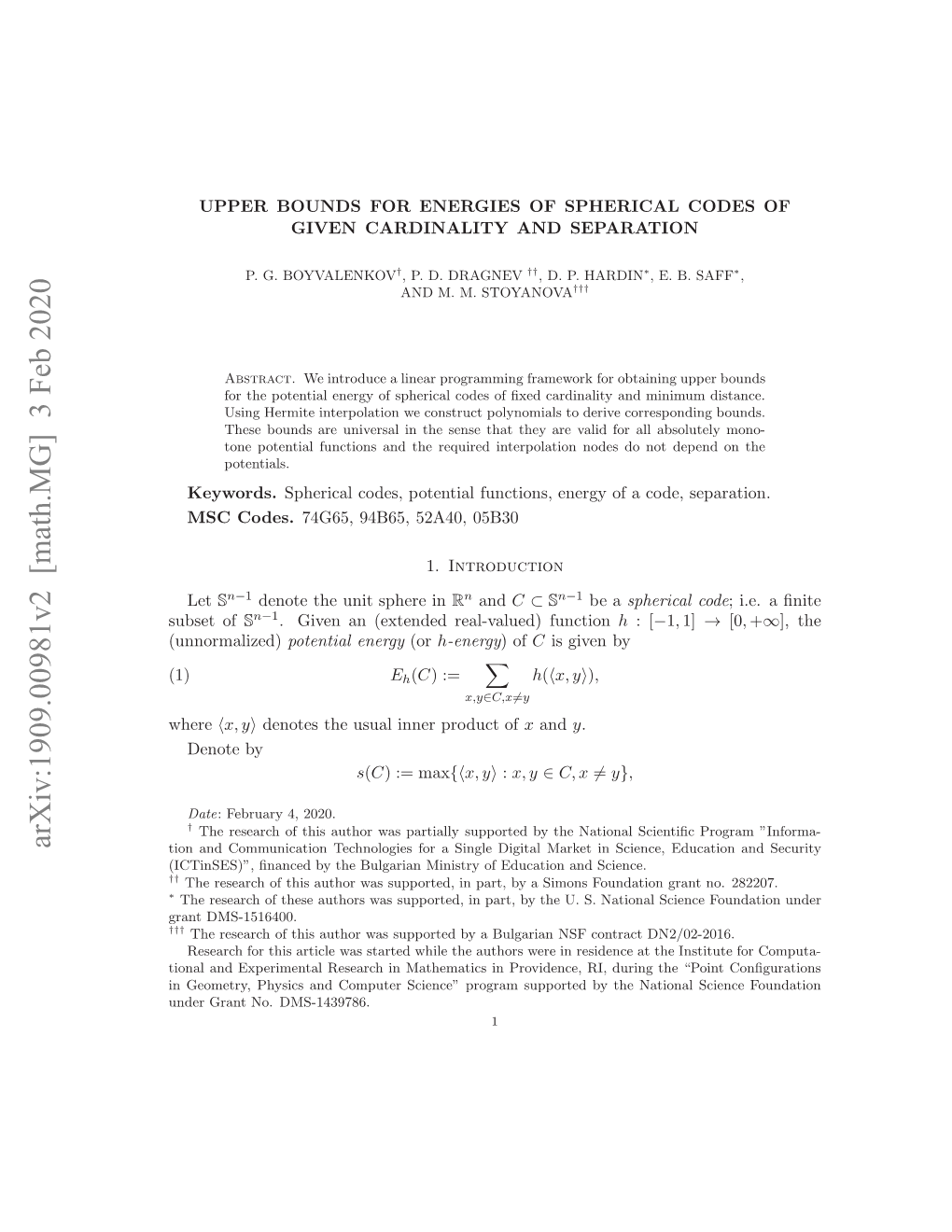 Upper Bounds for Energies of Spherical Codes of Given Cardinality