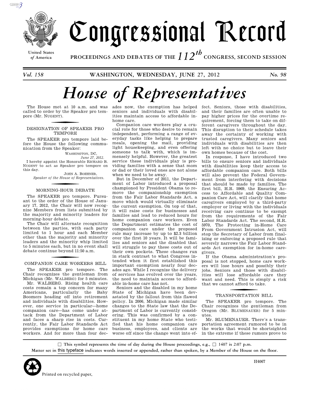 Congressional Record United States Th of America PROCEEDINGS and DEBATES of the 112 CONGRESS, SECOND SESSION