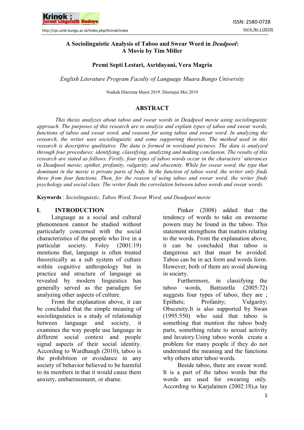 A Sociolinguistic Analysis of Taboo and Swear Word in Deadpool: a Movie by Tim Miller